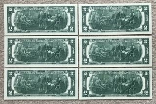 (6) 1976 $2 Consecutive Low Serial Number Star Federal Reserve Notes FRN 2