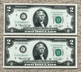 (6) 1976 $2 Consecutive Low Serial Number Star Federal Reserve Notes FRN 3