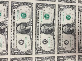 Uncut Sheet Of 16 - $1 One Dollar Bills 1981