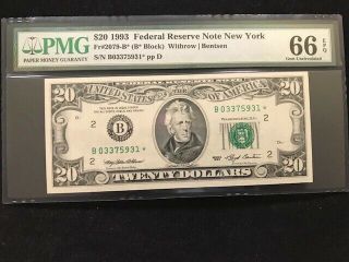 1993 $20 Dollar Star Note Pmg Gem Unc 66 Epq Frn York