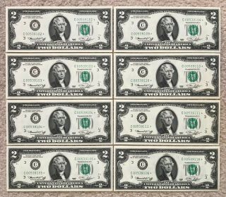 (8) 1976 $2 Consecutive Low Serial Number Star Federal Reserve Notes Frn