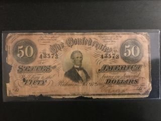 1864 Confederate State $50 Richmond,  Va Five Dollar Note Currency Bill No.  43573