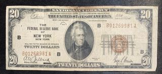 1929 $20 National Currency Bank Note - Federal Bank Of York Ny - Brown Seal