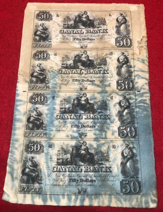 Uncut Sheet Of 1800’s Canal Bank $50 Orleans Bills