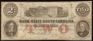 Large 1861 $2 Two Dollar South Carolina Banknote Currency Paper Money Civil War