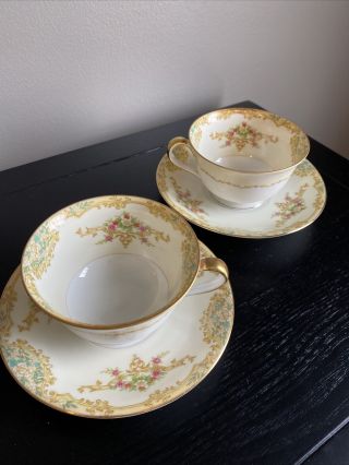 Noritake M Vintage Teacups & Saucers Set Of 2 Floral & Gold
