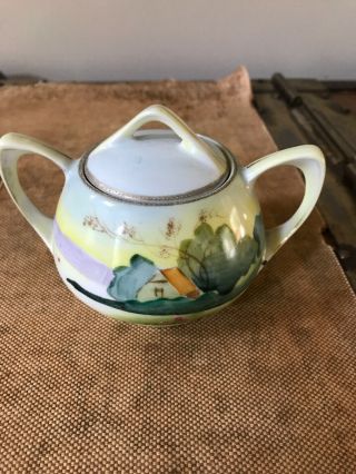 Nippon Vintage Hand Painted Sugar Bowl Lid & House Painted On Front