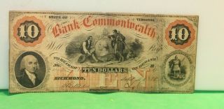 1858 $10 The Bank Of The Commonwealth Richmond,  Va Obsolete Banknote