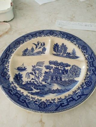 Vintage Antique Moriyama Occupied Japan Blue Willow Divided Plate 10 " Grazing