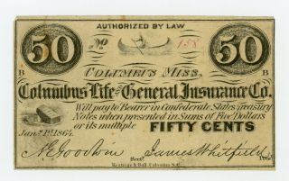 1864 50c The Columbus Life And General Insurance Co.  - Mississippi Note