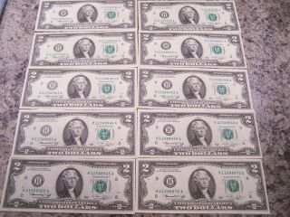 10 - Bicentennial 1976 $2.  00 Bills Consecutive Numbers Uncirculated