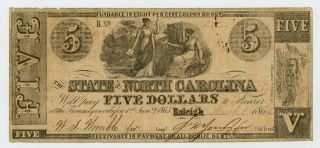 1862 Cr.  86 $5 The State Of North Carolina Note - Civil War Era
