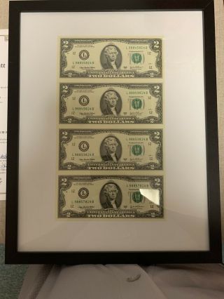 2003 $2 Dollar Bills Uncut Sheet Of 4 Usd Notes,  Jefferson,  Framed