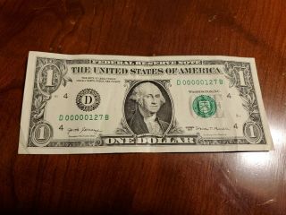 2017 $1 Fancy Serial Number Low 3 Digit D 00000127 B Us Paper Currency