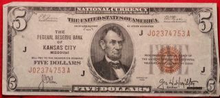 1929 U.  S.  National $5 Federal Reserve Bank Of Kansas City,  Mo Circulated Note
