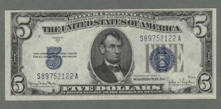 1934 D $5 Silver Certificate Fr 1654 (wide I) (s A Block) Au