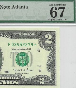 1995 $2 Atlanta Star ⭐️ Frn,  Pmg Gem Uncirculated 67 Epq Banknote,  2