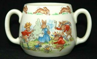 Vtg Royal Doulton Bunnykins 2 Handled Child Cup,  Cowboys And Indians Very Cute