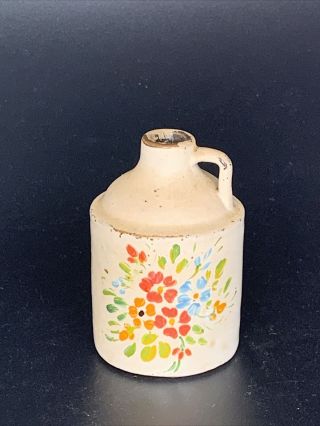 Vintage Antique Miniature Stoneware Shoulder Jug W Folk Art Floral Design Mini