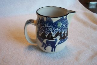 Tienshan Folk Craft Pottery Blue Wolf Pattern 3.  75 " Creamer