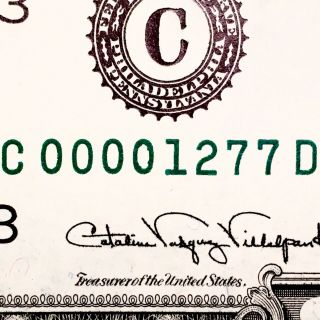 1988a $1 Frn Fancy Serial Number C00001277d Low Serial Number Over Ink Birthday