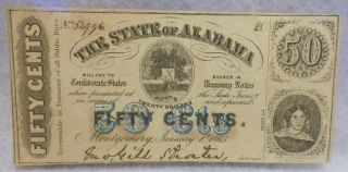 Antique Civil War Era States Of Alabama.  50 Cent Note