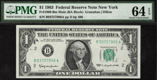 1963 1900 Bm $1 York Mule Federal Reserve Note Frn • Pmg 64 Epq