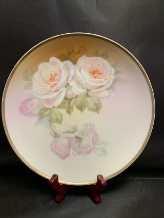 Antique Turin Bavaria Hand Painted Pink Roses Gold Ceramic Plate