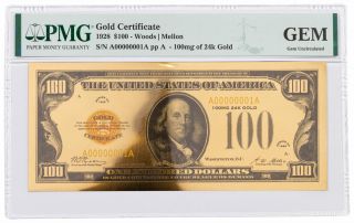 1928 $100 24kt Gold Certificate Commemorative Pmg Gem Uncirculated