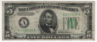 1934 A $5 Federal Reserve Note Currency Boston Fr.  1957 - A Very Fine Vf (090a)