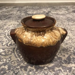 Vintage Brown Drip Pottery Bean Pot / Crock Jar With Lid
