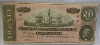 Antique Civil War Era Csa 20 Dollar Note