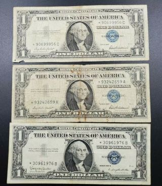 Set Of 3 1957 $1 Silver Certificate Star Notes Us Currency Circulated