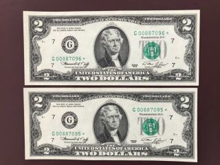 2 Consecutive 1976 $2 Star Note Low Serial Number G 00887095 G 00887096