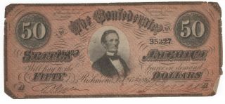 1864 A $50 Confederate States Of America Note Feb 17 35327 4 Series Blue Back