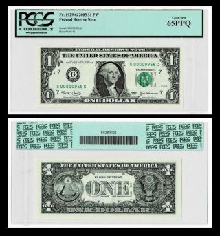 00000966 Fr.  1929 - G 2003 $1 Fw Federal Reserve Note Pcgs Gem 65ppq