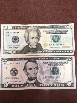 Twenty And Five Dollar Bill Star Noted Low Serial Numbers 5$,  20$ Star Notes