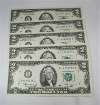 1976 Bicentennial $2 Federal Reserve Notes 5 Consecutive Gem Crisp Unc Pc - 504
