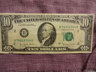 1977 Us $10 Dollar Bill Hamilton Federal Reserve Bank Note