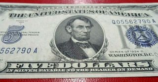 Sharp 1934 - C Five Dollar Silver Certificate Bill Old $5 Note Currency Qa