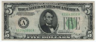 1934 B $5 Federal Reserve Note Boston Fr.  1958 - A Choice Very Fine Vf,  (856a)