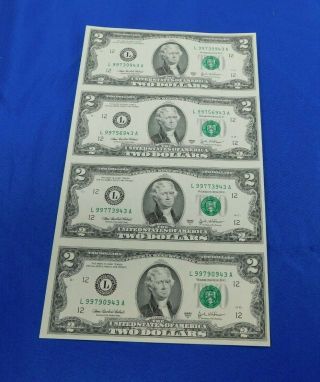 2003 A Uncut $2 Two Dollar Bill Sheet Of 4 Uncirculated