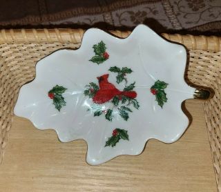 Vtg Lefton China Hand Painted Leaf Candy Dish Holly Red Cardinal 2450 W/ Label