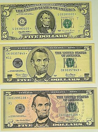 Set Of Three $5 Star Notes,  3 Versions (1995,  2001,  2006),  Crisp,  Uncirculated
