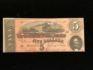 1864 Civil War Confederate Currency $5 Note Extra Fine - About Uncirculated