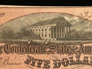 1864 CIVIL WAR CONFEDERATE CURRENCY $5 NOTE EXTRA FINE - ABOUT UNCIRCULATED 2