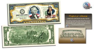 Usa Army Uncle Sam Colorized 2 Dollar Bill,  Legal Tender Gift Currency - - Unc