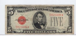 Series 1928 F Red Seal $5 Five Dollars Us Note - 1