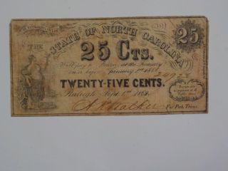 Civil War Confederate 1863 25 Cents Note Raleigh North Carolina Paper Money Note