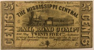 Obsolete Confederate Scrip,  Mississippi Central Railroad Co,  Ms 25 Cents 1863